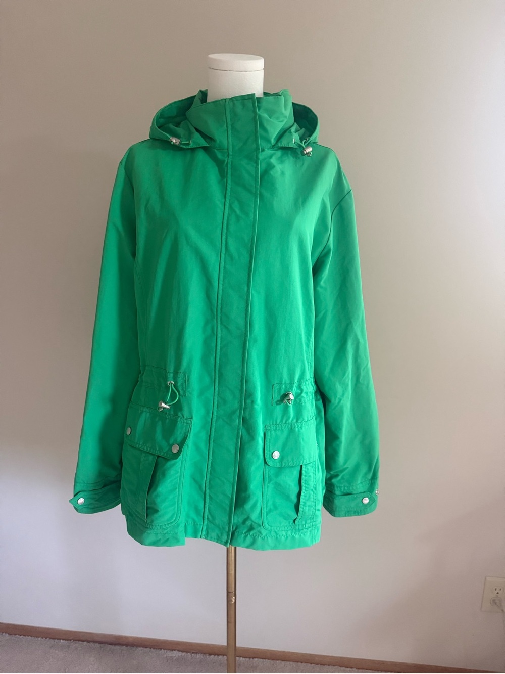 Lands' End Bright Green Hooded Utility Rain Jacket L